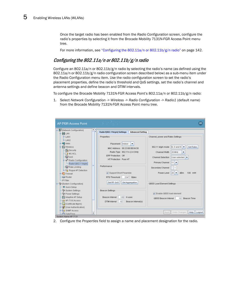 Configuring the, 11a/n or 802.11b/g/n radio, Configuring the 802.11a/n or 802.11b/g/n radio | Configuring the 802.11a/n, Or 802.11b/g/n radio | Brocade Mobility 7131N-FGR Access Point Product Reference Guide (Supporting software release 4.0.0.0-35GRN and later) User Manual | Page 154 / 593