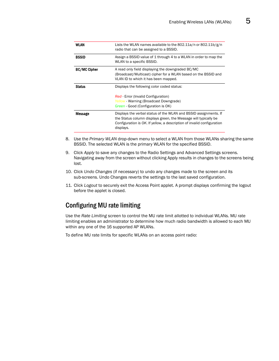 Configuring mu rate limiting, Configuring, Mu rate limiting | Brocade Mobility 7131N-FGR Access Point Product Reference Guide (Supporting software release 4.0.0.0-35GRN and later) User Manual | Page 163 / 593