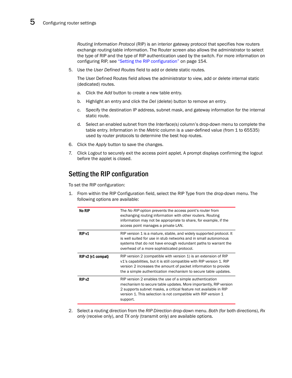 Setting the rip configuration | Brocade Mobility 7131N-FGR Access Point Product Reference Guide (Supporting software release 4.0.0.0-35GRN and later) User Manual | Page 166 / 593