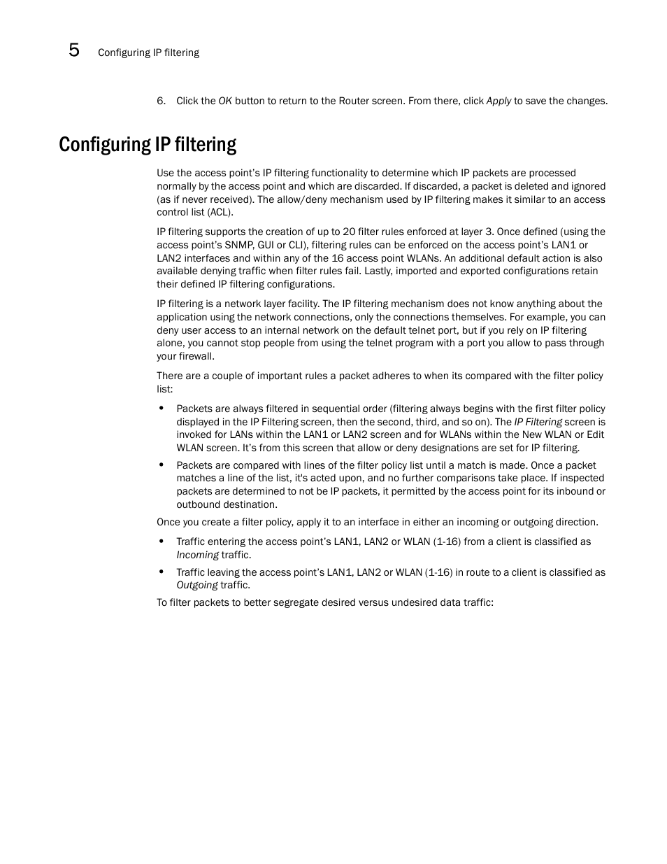 Configuring ip filtering, Configuring ip, Filtering | Brocade Mobility 7131N-FGR Access Point Product Reference Guide (Supporting software release 4.0.0.0-35GRN and later) User Manual | Page 168 / 593