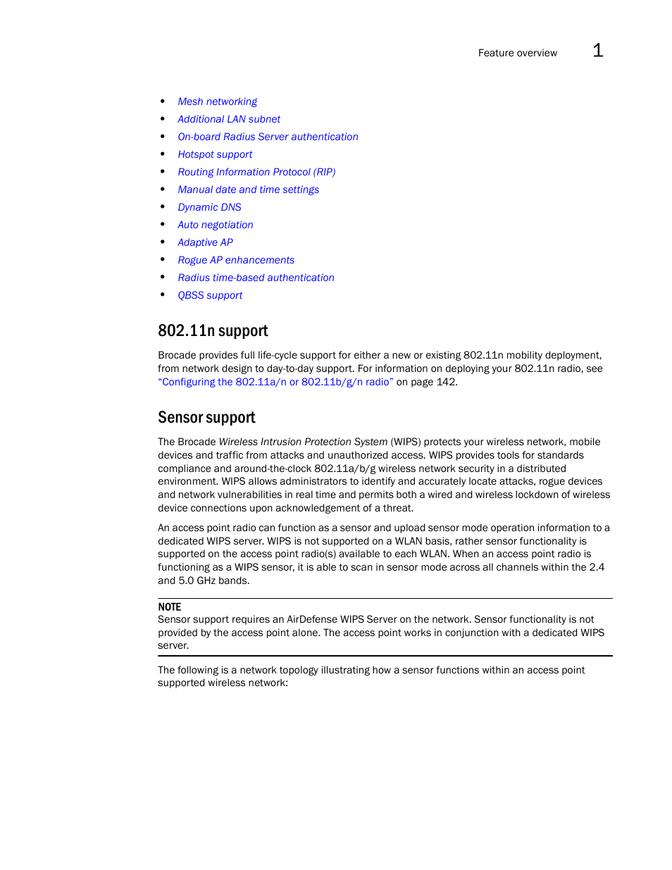 11n support, Sensor support, 11n support sensor support | Brocade Mobility 7131N-FGR Access Point Product Reference Guide (Supporting software release 4.0.0.0-35GRN and later) User Manual | Page 17 / 593