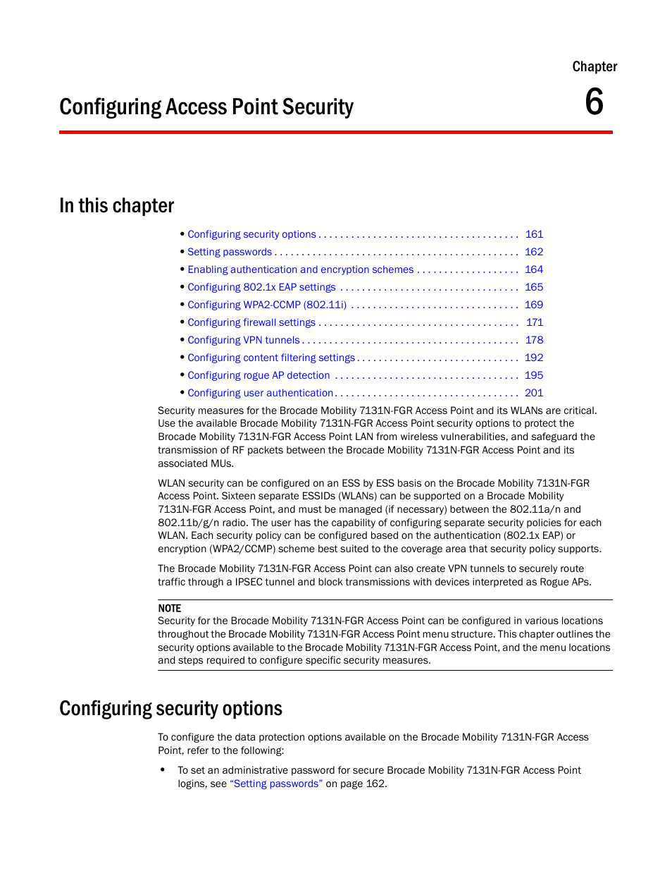 Configuring access point security, Configuring security options, 6 configuring access point security | R to, Configuring, Access point security, Security options | Brocade Mobility 7131N-FGR Access Point Product Reference Guide (Supporting software release 4.0.0.0-35GRN and later) User Manual | Page 173 / 593