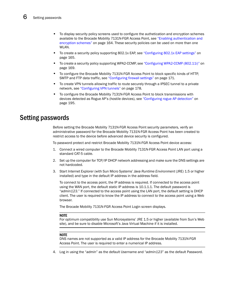 Setting passwords | Brocade Mobility 7131N-FGR Access Point Product Reference Guide (Supporting software release 4.0.0.0-35GRN and later) User Manual | Page 174 / 593
