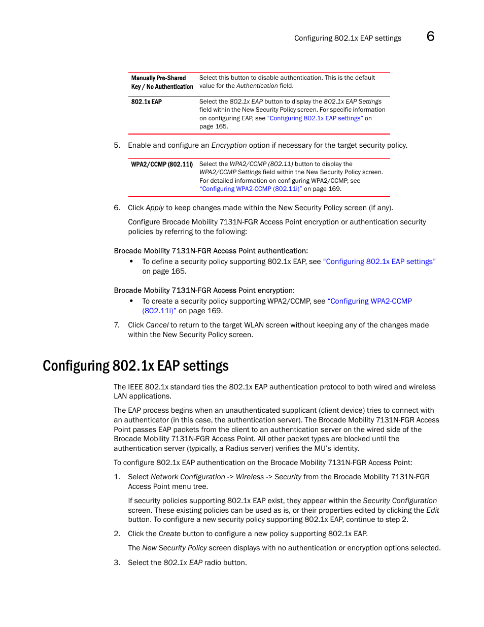 Configuring 802.1x eap settings | Brocade Mobility 7131N-FGR Access Point Product Reference Guide (Supporting software release 4.0.0.0-35GRN and later) User Manual | Page 177 / 593