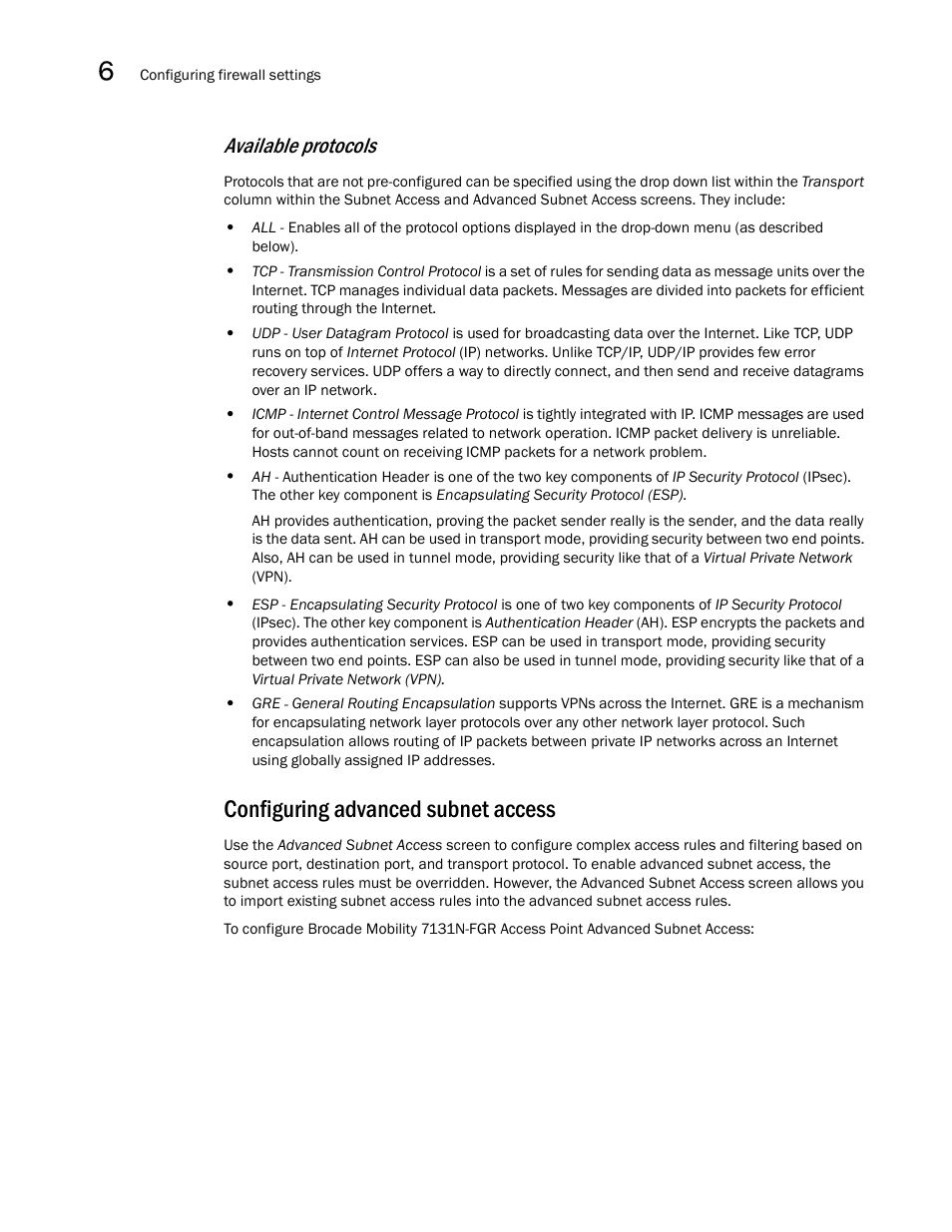 Configuring advanced subnet access, Available protocols | Brocade Mobility 7131N-FGR Access Point Product Reference Guide (Supporting software release 4.0.0.0-35GRN and later) User Manual | Page 188 / 593