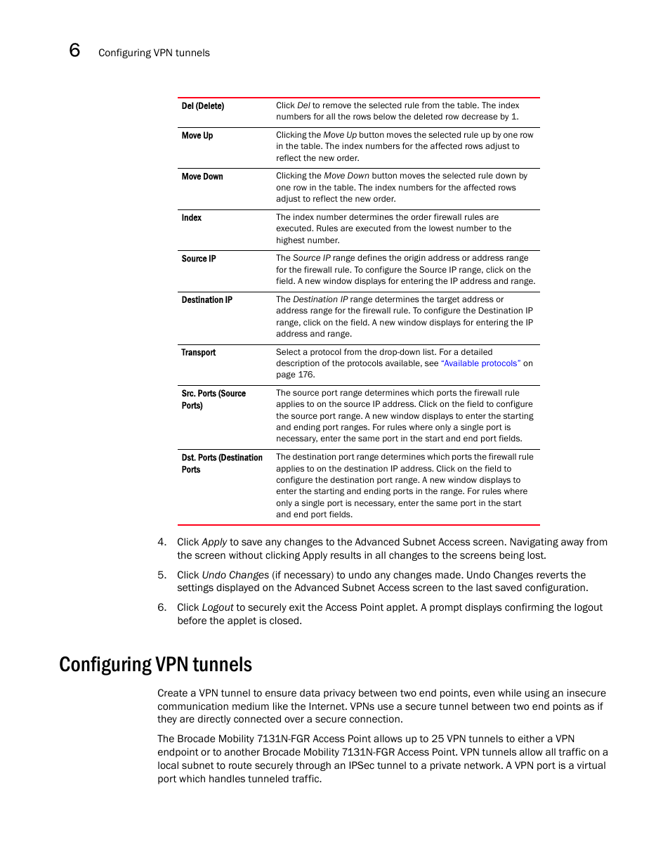 Configuring vpn tunnels, Configuring vpn, Tunnels | Brocade Mobility 7131N-FGR Access Point Product Reference Guide (Supporting software release 4.0.0.0-35GRN and later) User Manual | Page 190 / 593