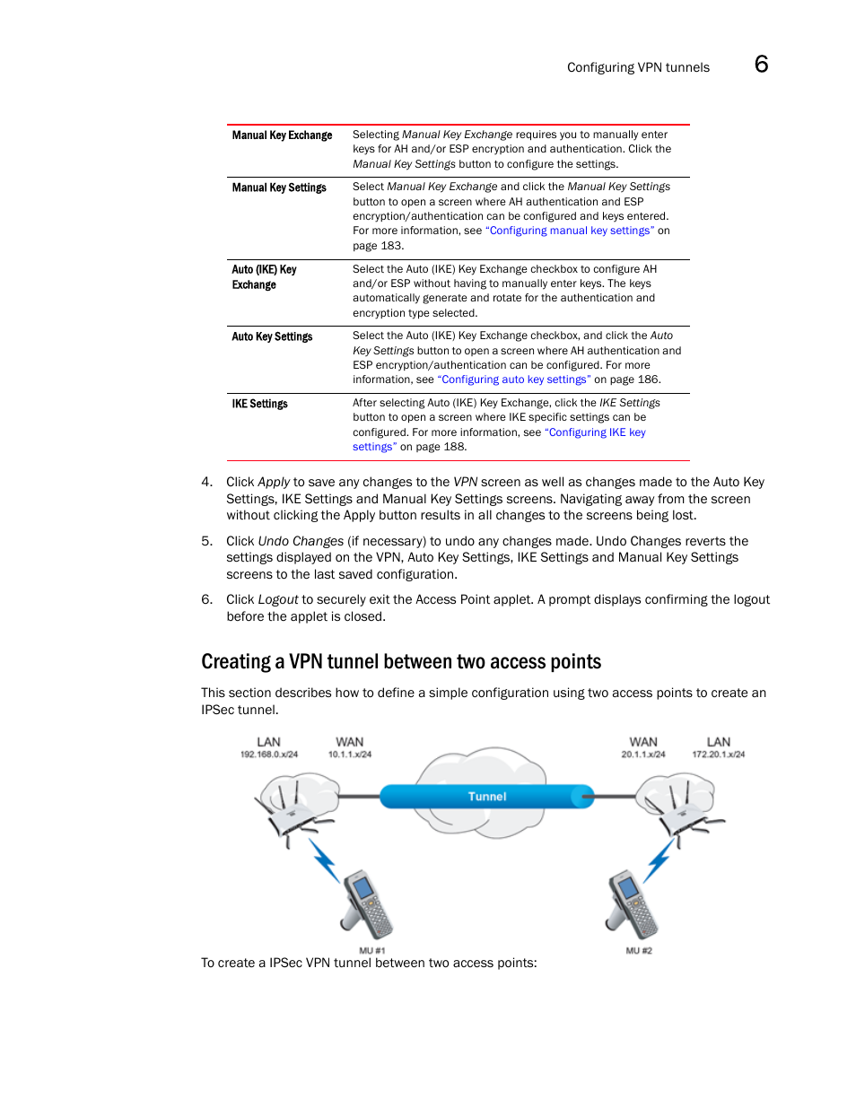 Creating a vpn tunnel between two access points, Creating a vpn tunnel, Between two access points | Brocade Mobility 7131N-FGR Access Point Product Reference Guide (Supporting software release 4.0.0.0-35GRN and later) User Manual | Page 193 / 593