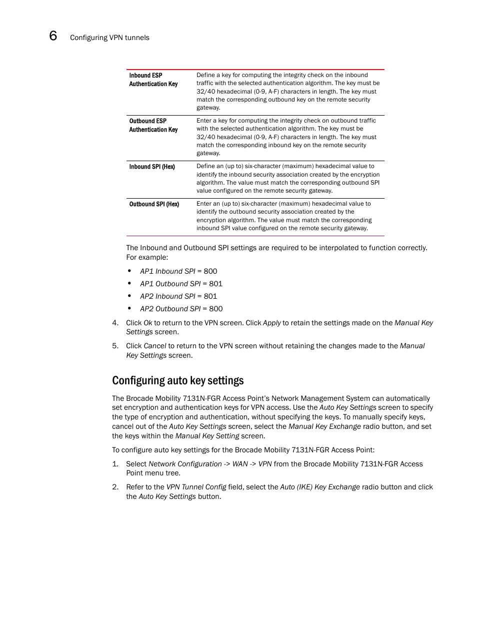 Configuring auto key settings | Brocade Mobility 7131N-FGR Access Point Product Reference Guide (Supporting software release 4.0.0.0-35GRN and later) User Manual | Page 198 / 593