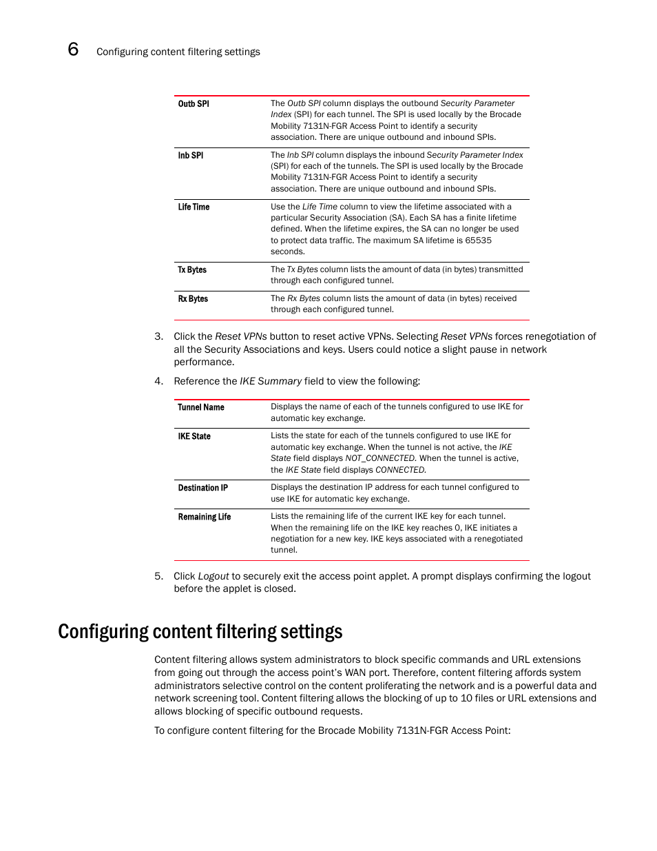 Configuring content filtering settings, Configuring content filtering, Settings | Brocade Mobility 7131N-FGR Access Point Product Reference Guide (Supporting software release 4.0.0.0-35GRN and later) User Manual | Page 204 / 593