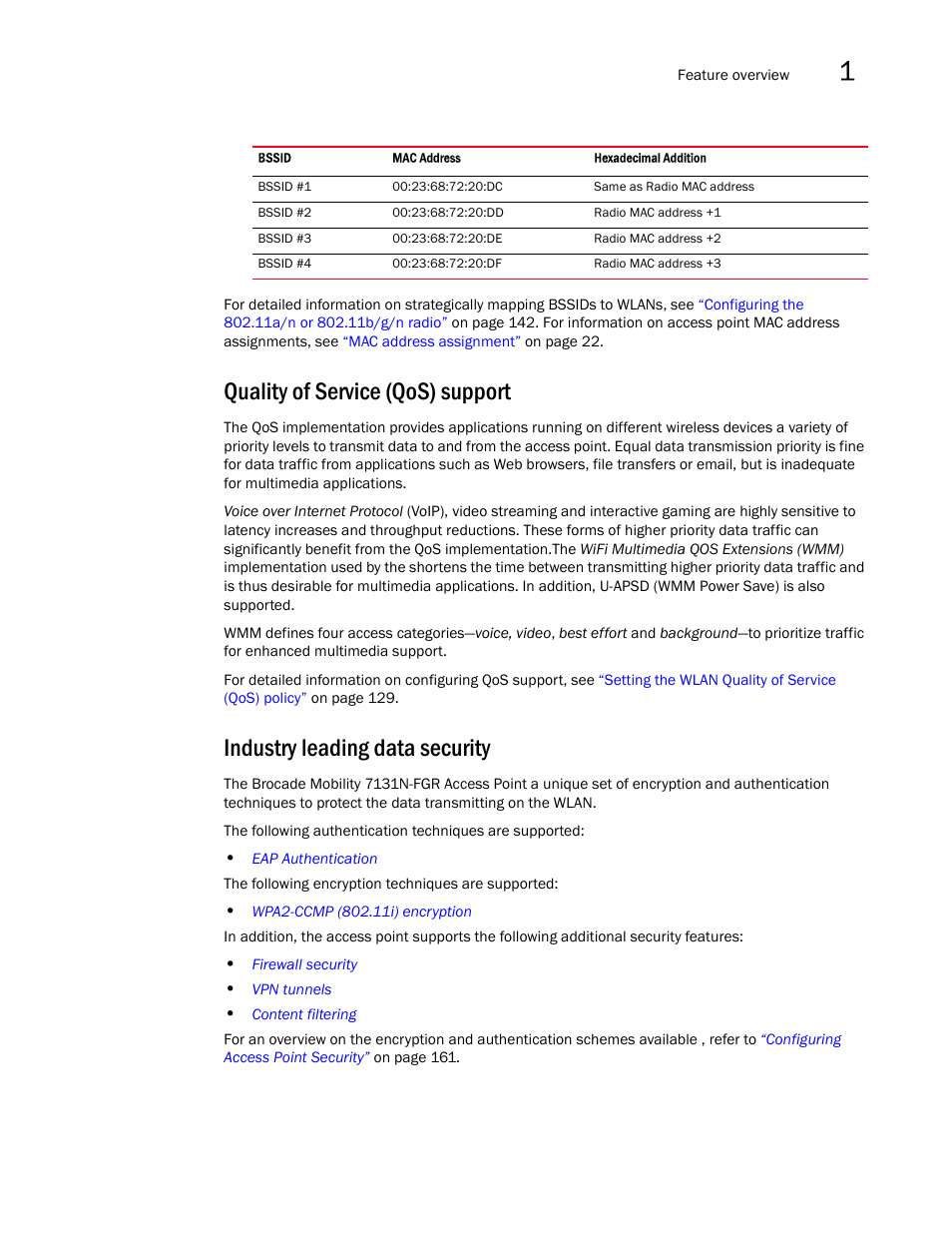 Quality of service (qos) support, Industry leading data security | Brocade Mobility 7131N-FGR Access Point Product Reference Guide (Supporting software release 4.0.0.0-35GRN and later) User Manual | Page 21 / 593