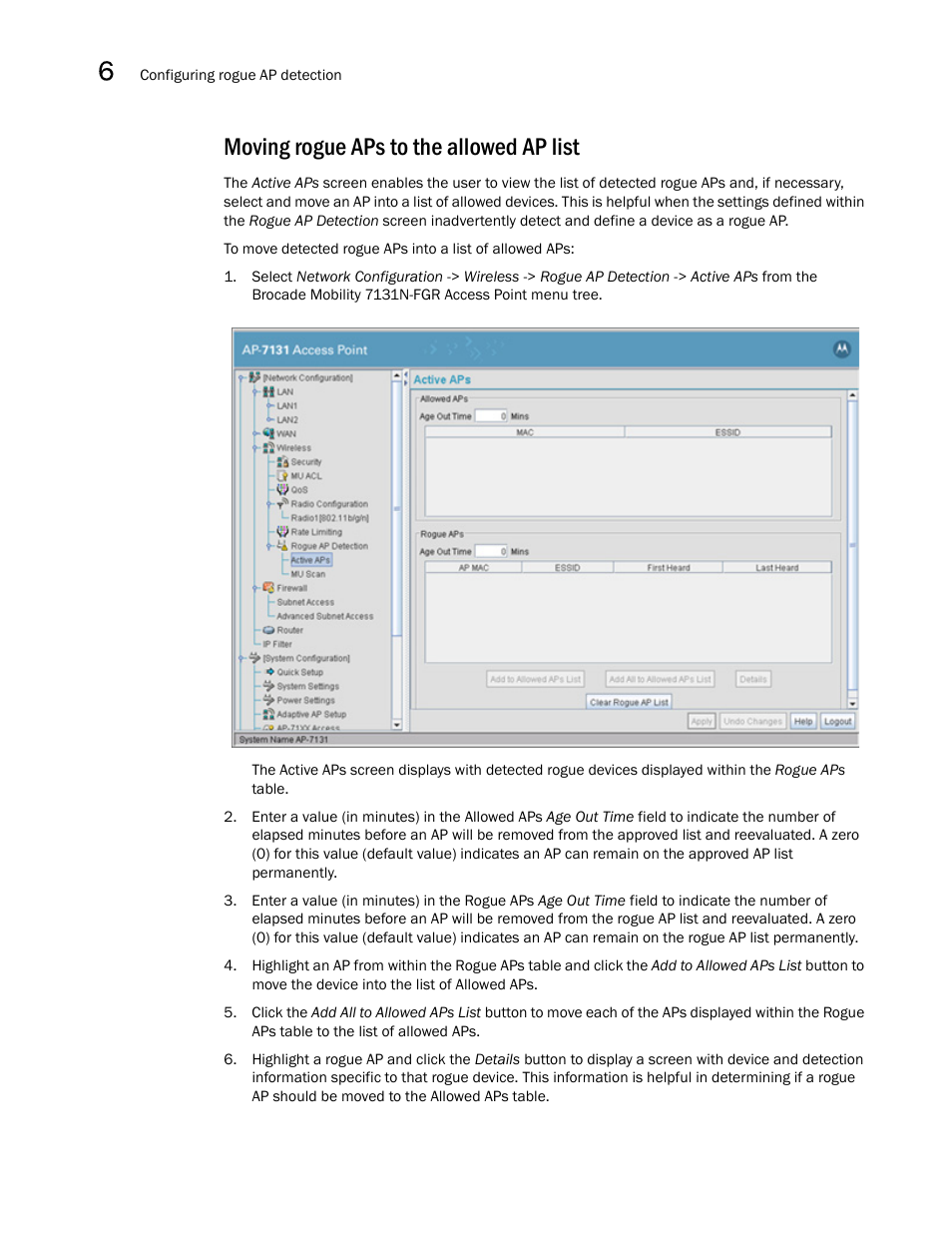 Moving rogue aps to the allowed ap list | Brocade Mobility 7131N-FGR Access Point Product Reference Guide (Supporting software release 4.0.0.0-35GRN and later) User Manual | Page 210 / 593