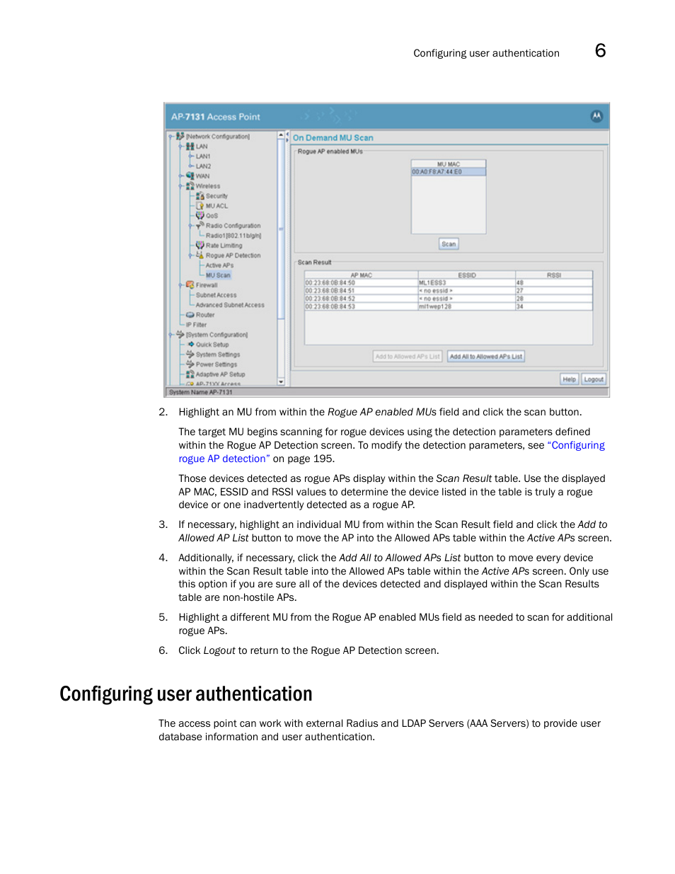 Configuring user authentication, Configuring user, Authentication | Brocade Mobility 7131N-FGR Access Point Product Reference Guide (Supporting software release 4.0.0.0-35GRN and later) User Manual | Page 213 / 593