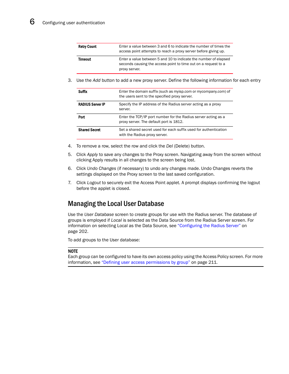Managing the local user database | Brocade Mobility 7131N-FGR Access Point Product Reference Guide (Supporting software release 4.0.0.0-35GRN and later) User Manual | Page 220 / 593