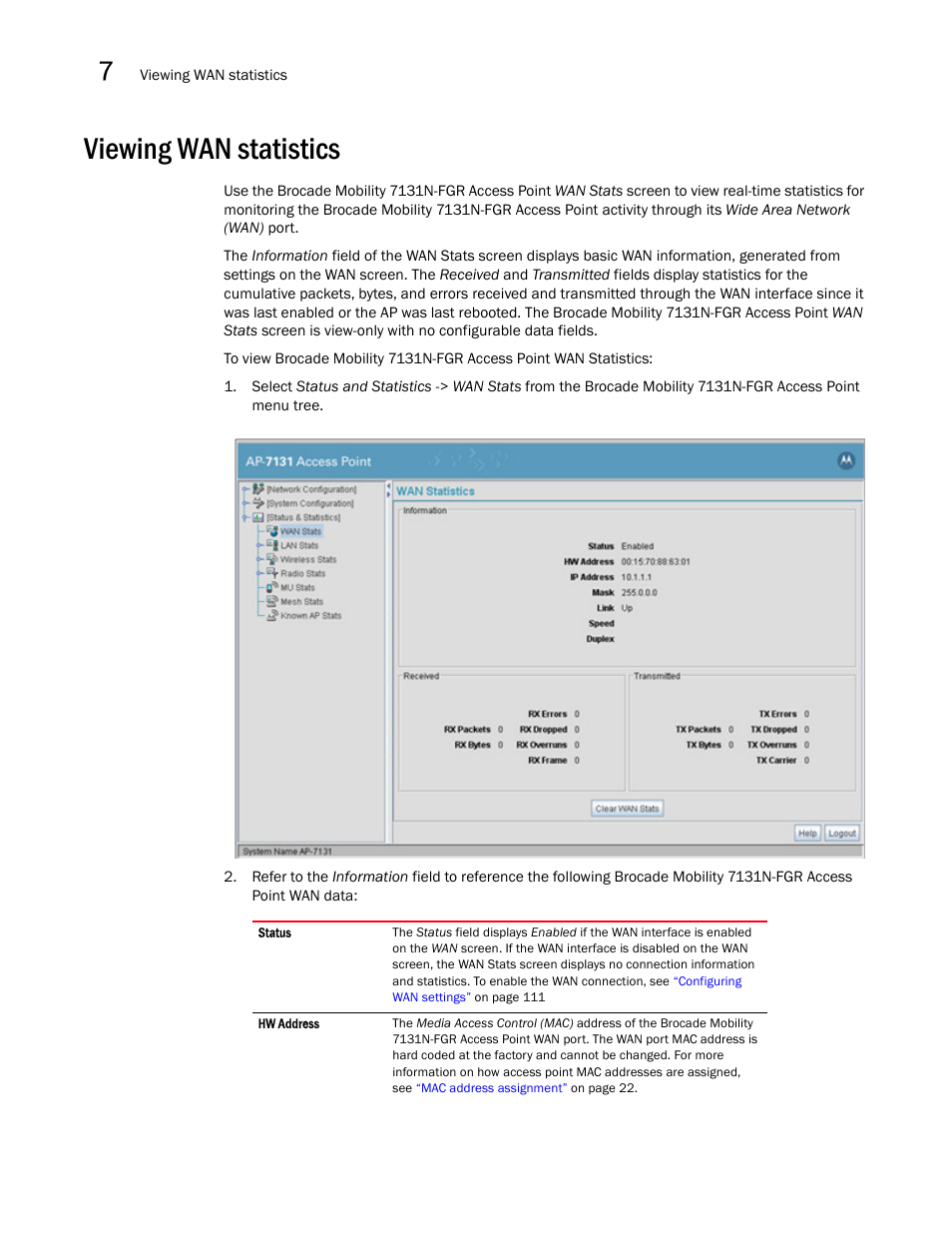 Viewing wan statistics, Viewing wan, Statistics | Brocade Mobility 7131N-FGR Access Point Product Reference Guide (Supporting software release 4.0.0.0-35GRN and later) User Manual | Page 228 / 593