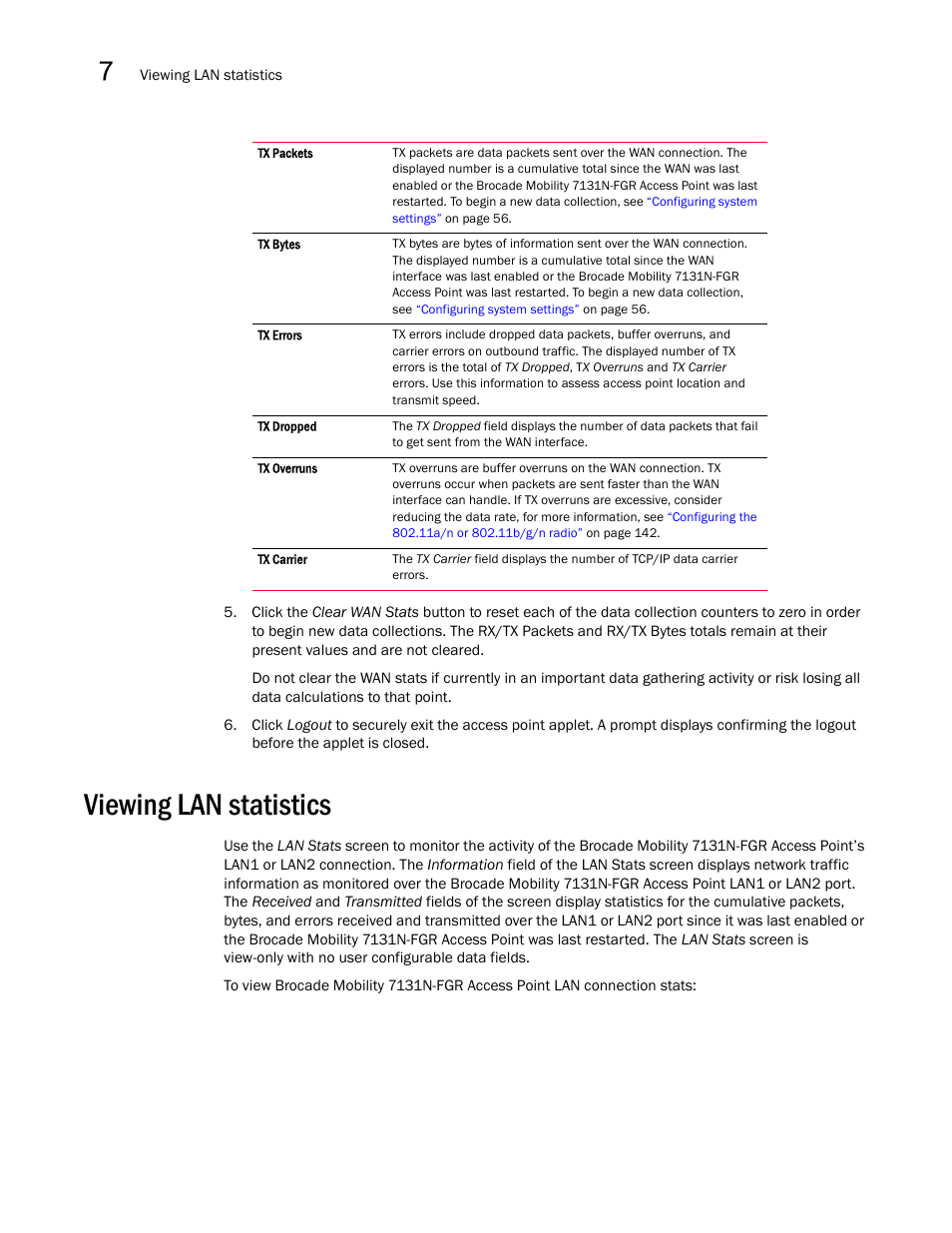 Viewing lan statistics | Brocade Mobility 7131N-FGR Access Point Product Reference Guide (Supporting software release 4.0.0.0-35GRN and later) User Manual | Page 230 / 593