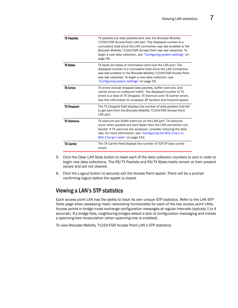 Viewing a lan’s stp statistics | Brocade Mobility 7131N-FGR Access Point Product Reference Guide (Supporting software release 4.0.0.0-35GRN and later) User Manual | Page 233 / 593