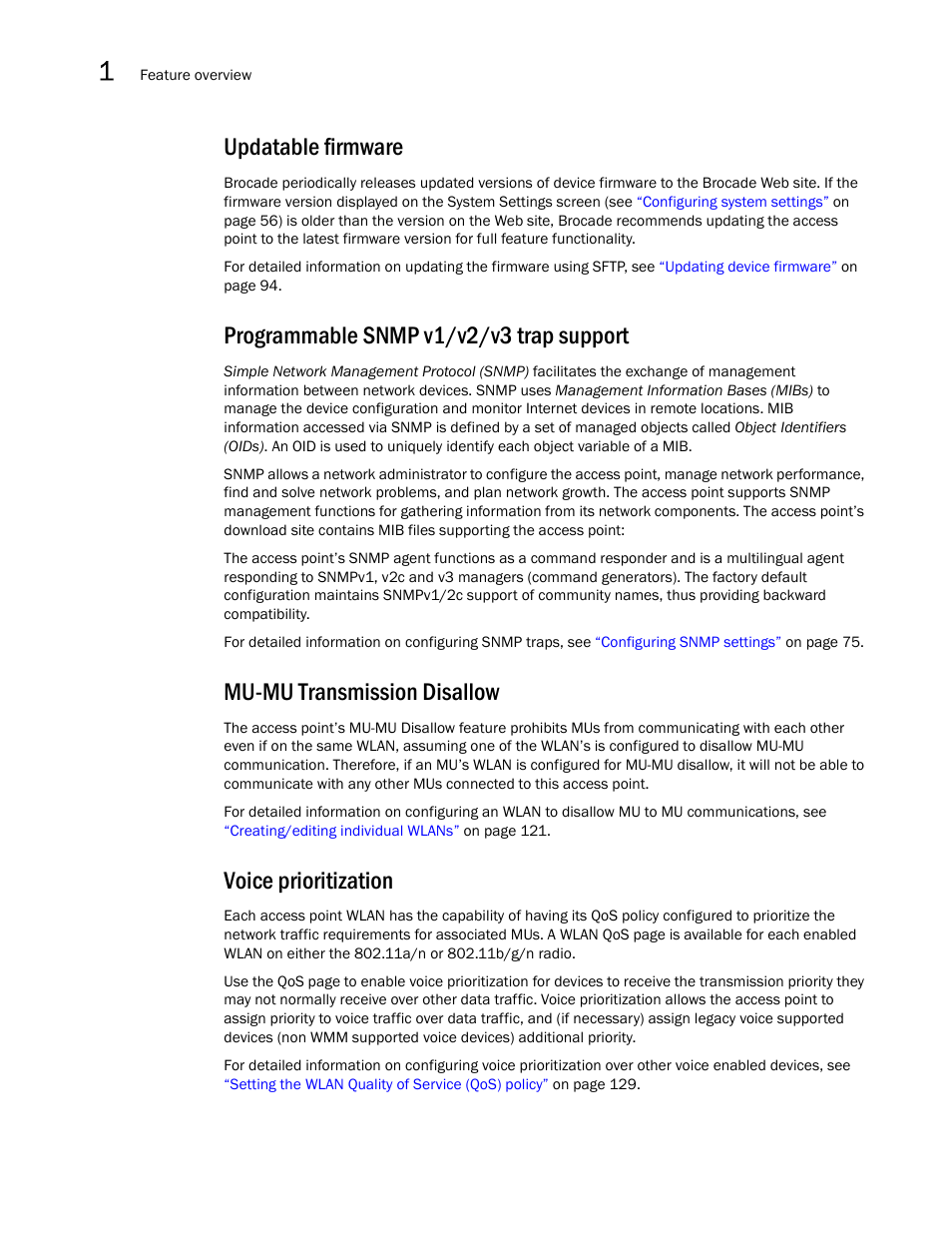 Updatable firmware, Programmable snmp v1/v2/v3 trap support, Mu-mu transmission disallow | Voice prioritization | Brocade Mobility 7131N-FGR Access Point Product Reference Guide (Supporting software release 4.0.0.0-35GRN and later) User Manual | Page 24 / 593