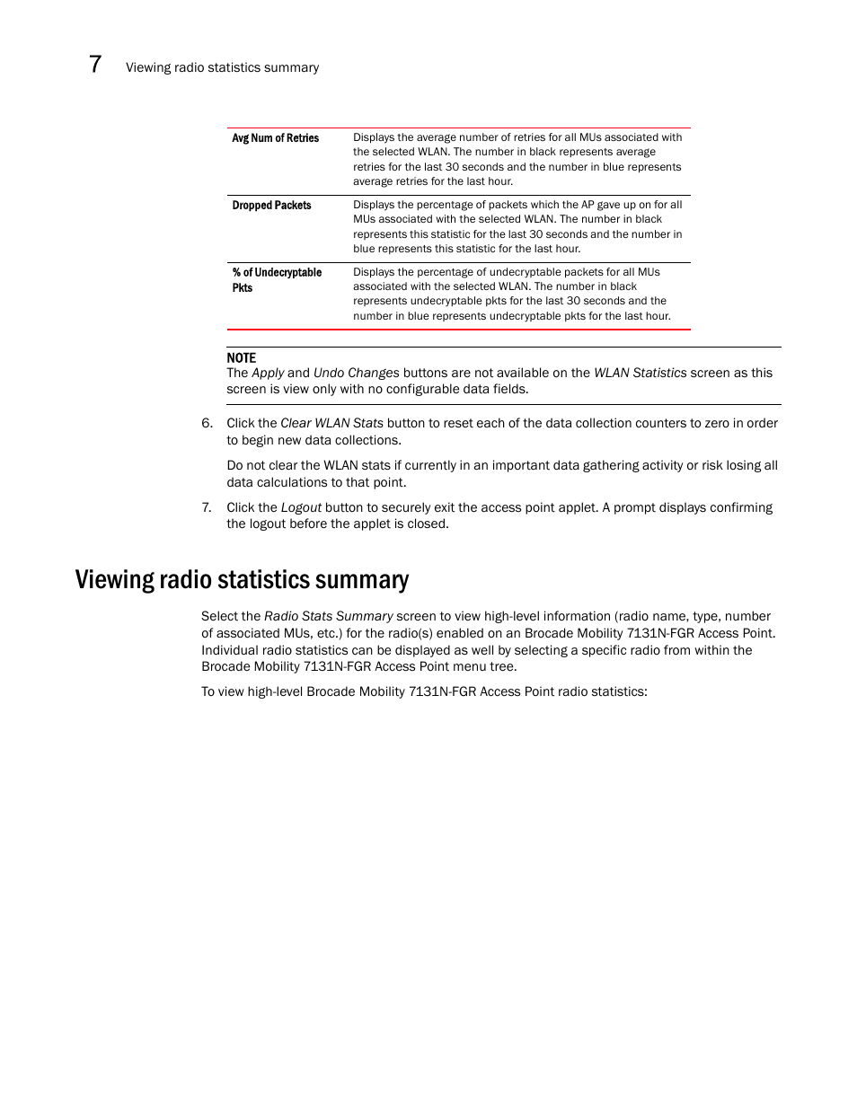 Viewing radio statistics summary | Brocade Mobility 7131N-FGR Access Point Product Reference Guide (Supporting software release 4.0.0.0-35GRN and later) User Manual | Page 240 / 593