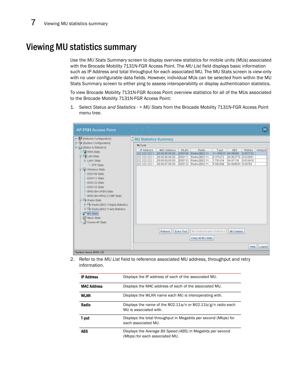 Viewing mu statistics summary | Brocade Mobility 7131N-FGR Access Point Product Reference Guide (Supporting software release 4.0.0.0-35GRN and later) User Manual | Page 246 / 593