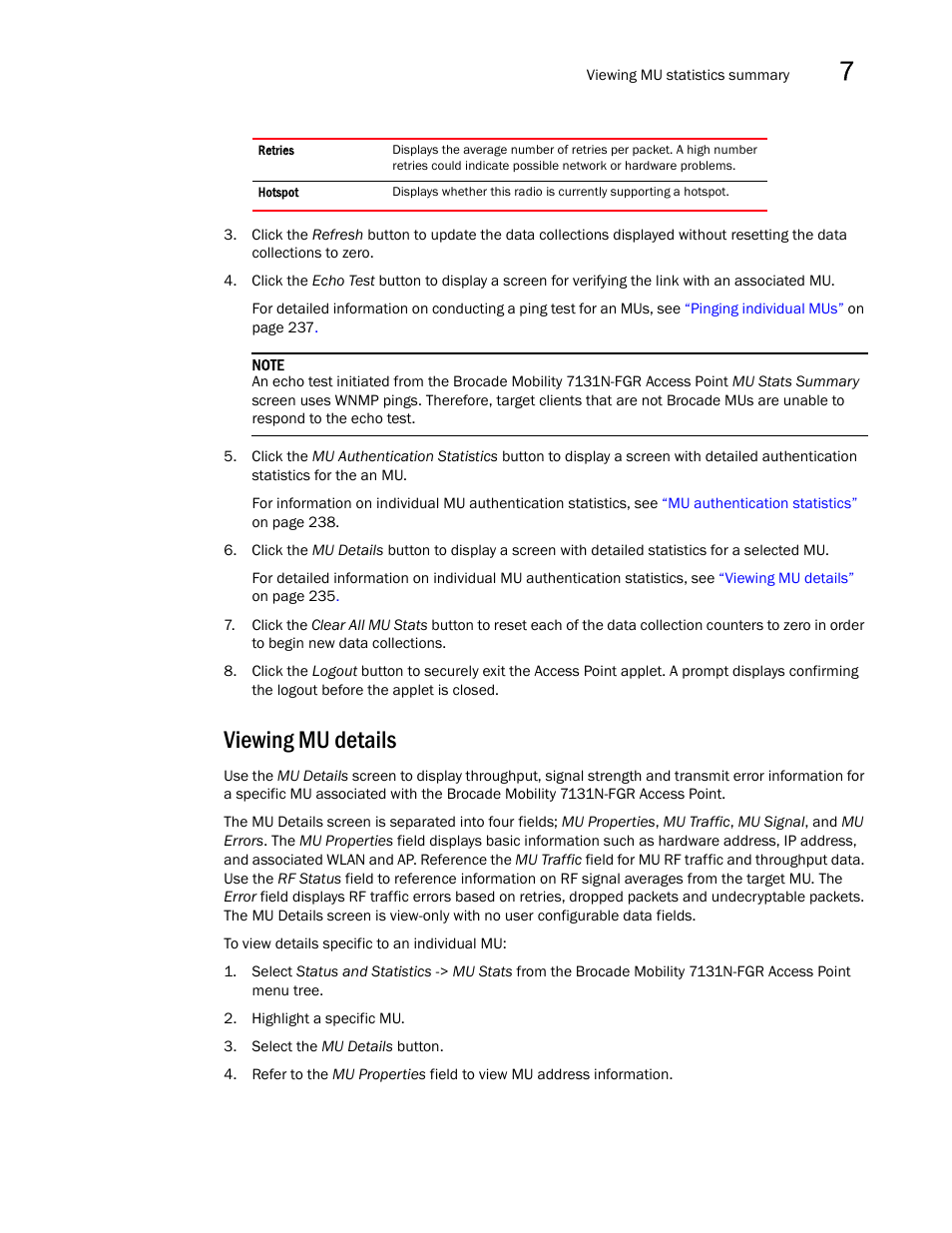 Viewing mu details | Brocade Mobility 7131N-FGR Access Point Product Reference Guide (Supporting software release 4.0.0.0-35GRN and later) User Manual | Page 247 / 593