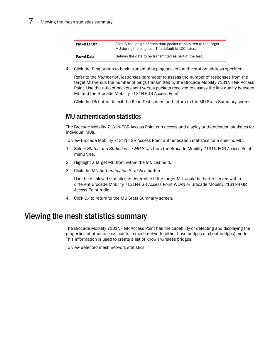 Mu authentication statistics, Viewing the mesh statistics summary | Brocade Mobility 7131N-FGR Access Point Product Reference Guide (Supporting software release 4.0.0.0-35GRN and later) User Manual | Page 250 / 593
