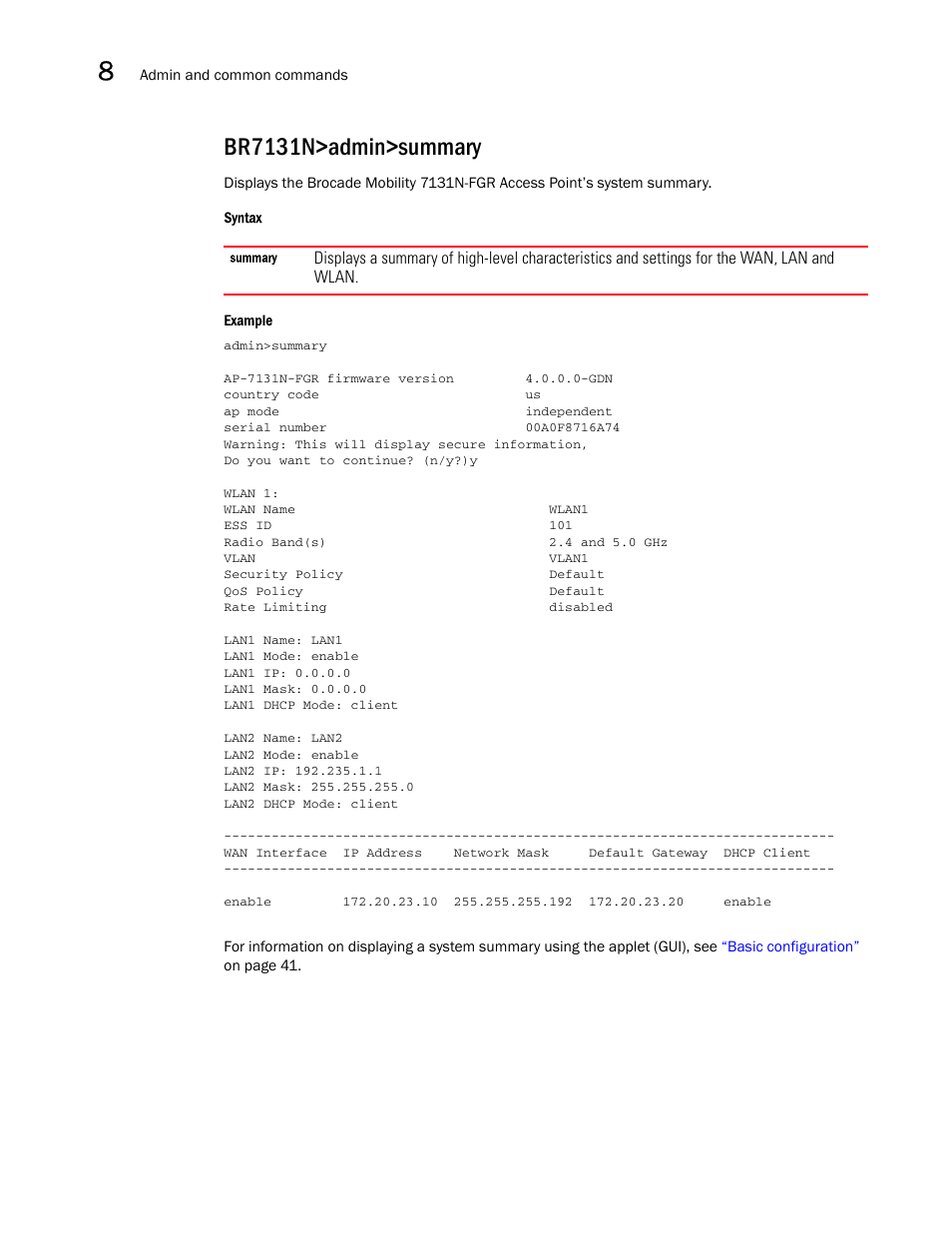 Br7131n>admin>summary | Brocade Mobility 7131N-FGR Access Point Product Reference Guide (Supporting software release 4.0.0.0-35GRN and later) User Manual | Page 262 / 593