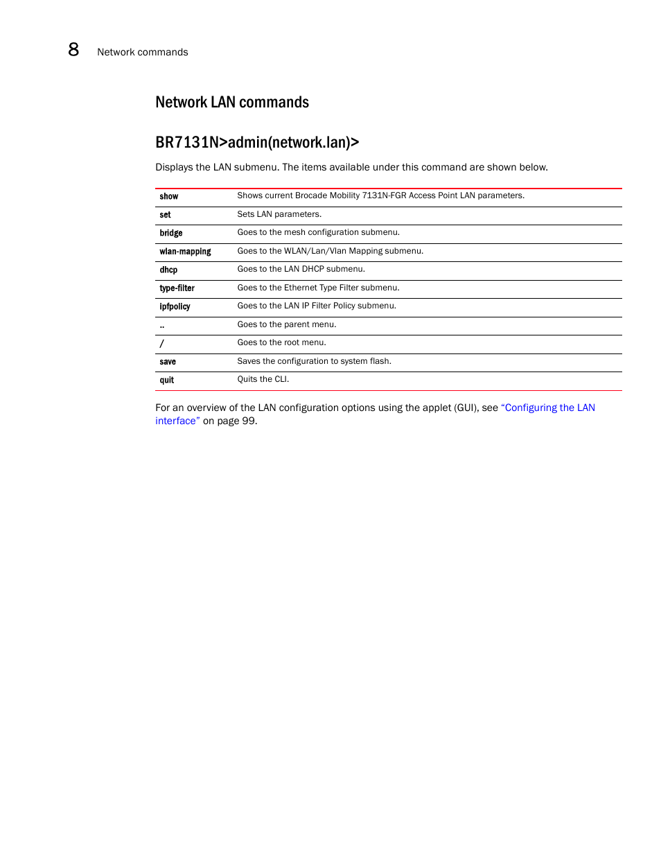 Network lan commands, Network lan commands br7131n>admin(network.lan) | Brocade Mobility 7131N-FGR Access Point Product Reference Guide (Supporting software release 4.0.0.0-35GRN and later) User Manual | Page 268 / 593