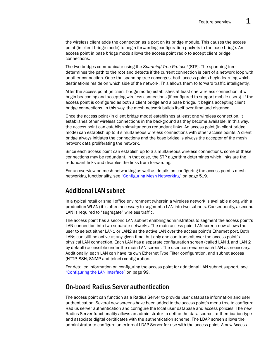 Additional lan subnet, On-board radius server authentication | Brocade Mobility 7131N-FGR Access Point Product Reference Guide (Supporting software release 4.0.0.0-35GRN and later) User Manual | Page 27 / 593