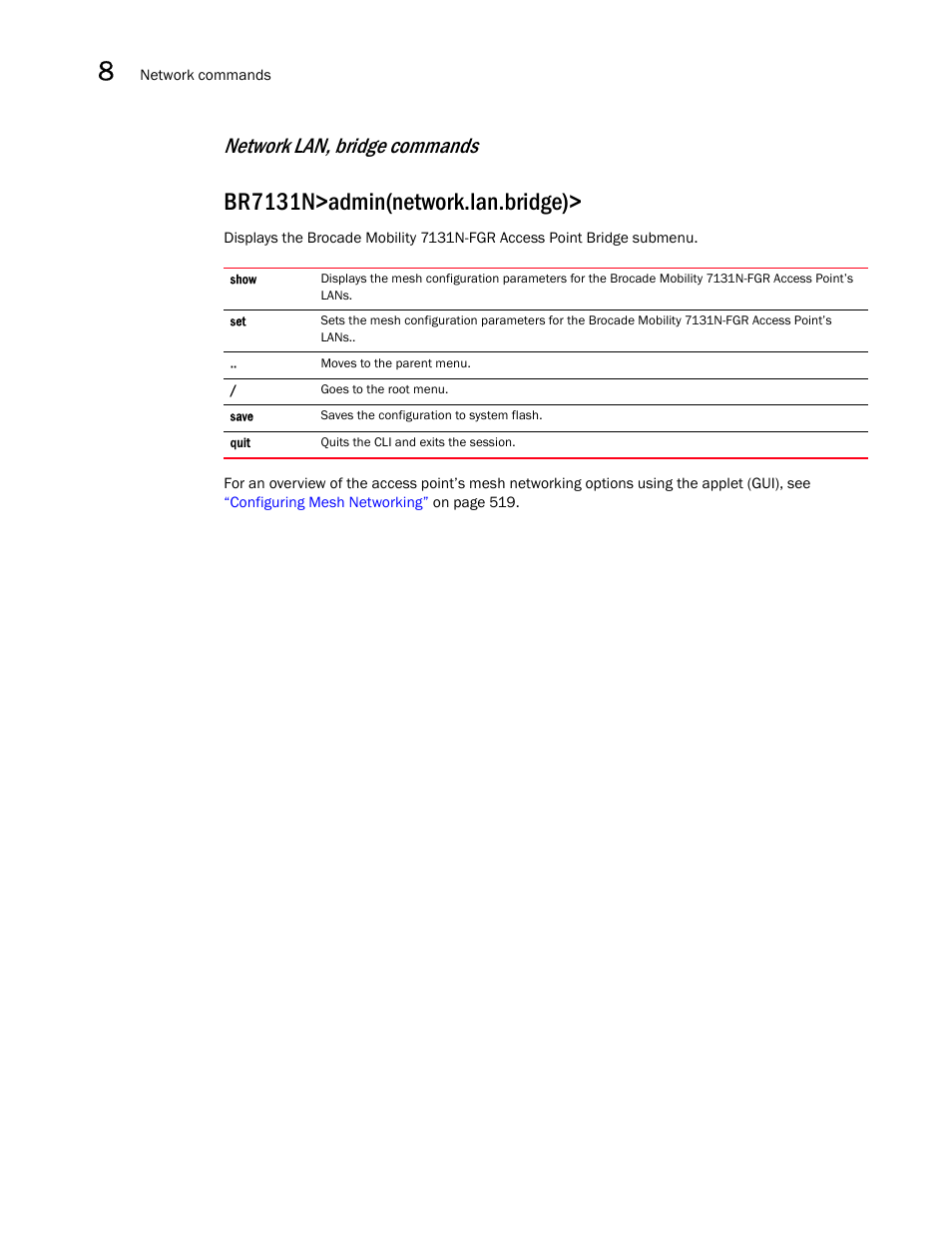 Br7131n>admin(network.lan.bridge), Network lan, bridge commands | Brocade Mobility 7131N-FGR Access Point Product Reference Guide (Supporting software release 4.0.0.0-35GRN and later) User Manual | Page 272 / 593