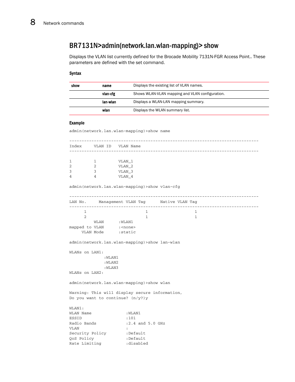 Br7131n>admin(network.lan.wlan-mapping)> show | Brocade Mobility 7131N-FGR Access Point Product Reference Guide (Supporting software release 4.0.0.0-35GRN and later) User Manual | Page 276 / 593