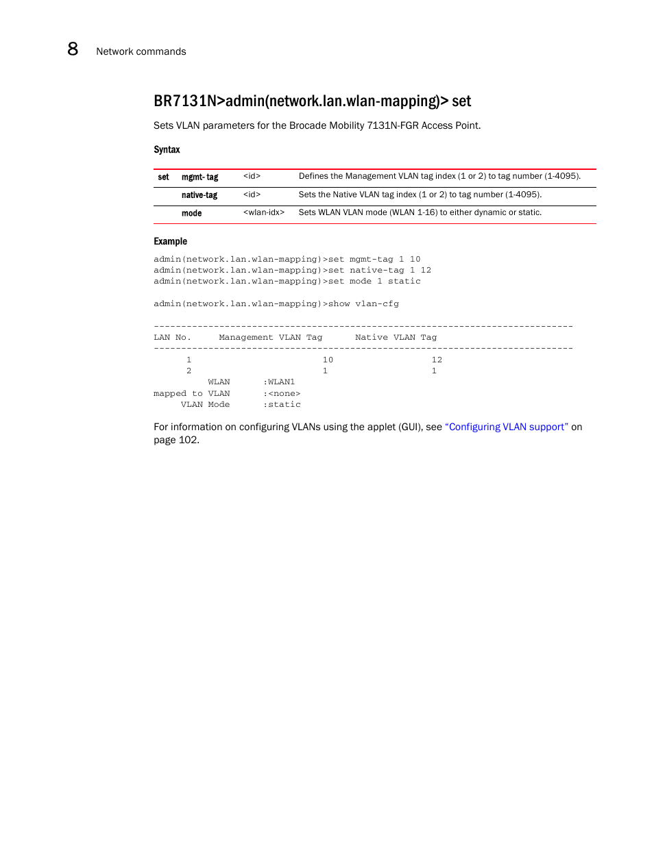 Br7131n>admin(network.lan.wlan-mapping)> set | Brocade Mobility 7131N-FGR Access Point Product Reference Guide (Supporting software release 4.0.0.0-35GRN and later) User Manual | Page 278 / 593