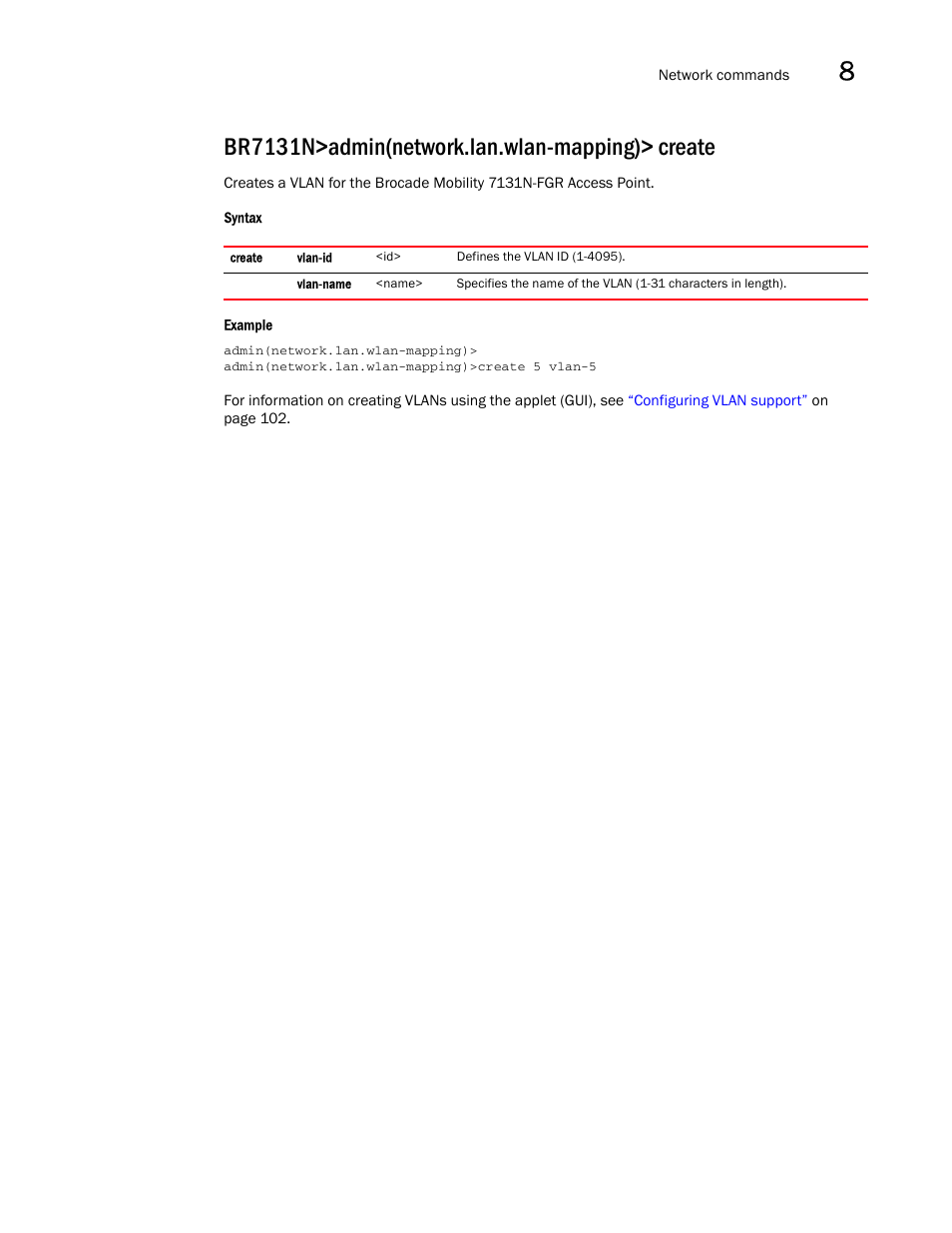 Br7131n>admin(network.lan.wlan-mapping)> create | Brocade Mobility 7131N-FGR Access Point Product Reference Guide (Supporting software release 4.0.0.0-35GRN and later) User Manual | Page 279 / 593