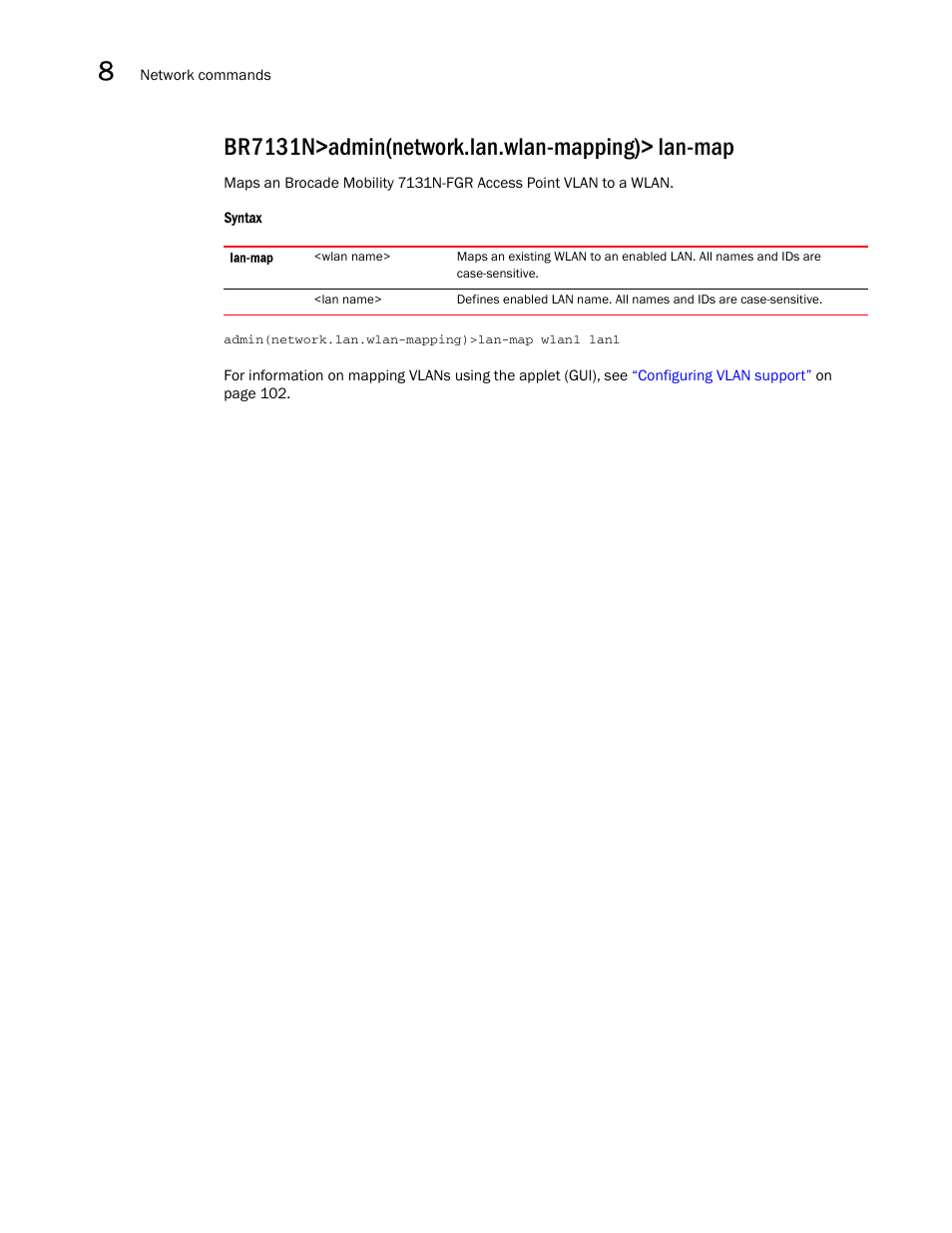 Br7131n>admin(network.lan.wlan-mapping)> lan-map | Brocade Mobility 7131N-FGR Access Point Product Reference Guide (Supporting software release 4.0.0.0-35GRN and later) User Manual | Page 282 / 593