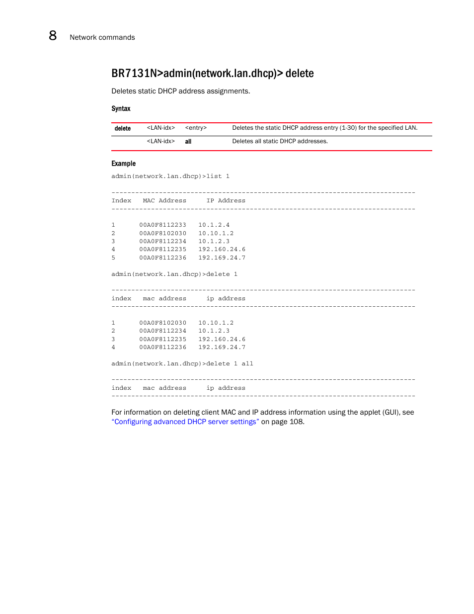 Br7131n>admin(network.lan.dhcp)> delete | Brocade Mobility 7131N-FGR Access Point Product Reference Guide (Supporting software release 4.0.0.0-35GRN and later) User Manual | Page 288 / 593