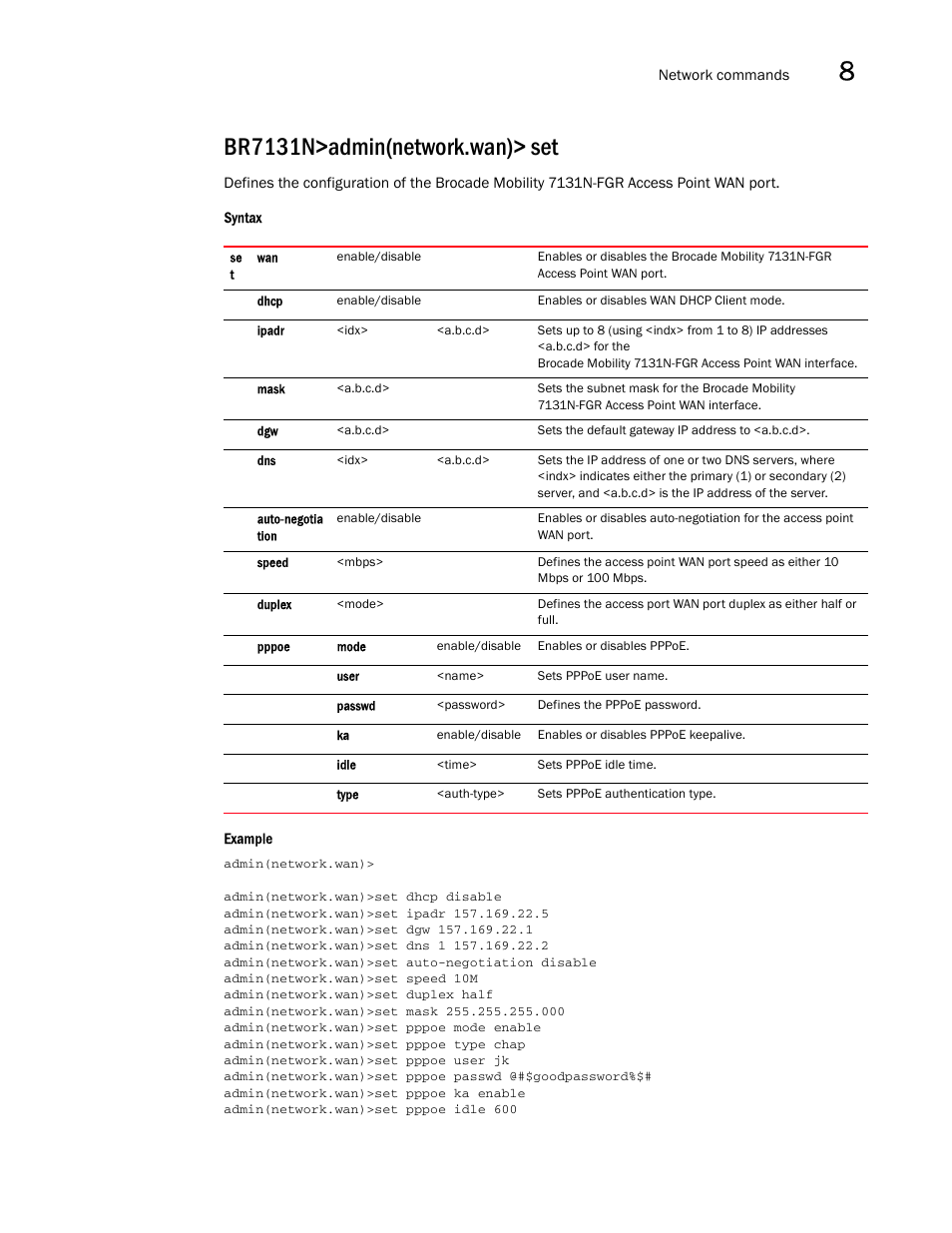Br7131n>admin(network.wan)> set | Brocade Mobility 7131N-FGR Access Point Product Reference Guide (Supporting software release 4.0.0.0-35GRN and later) User Manual | Page 297 / 593