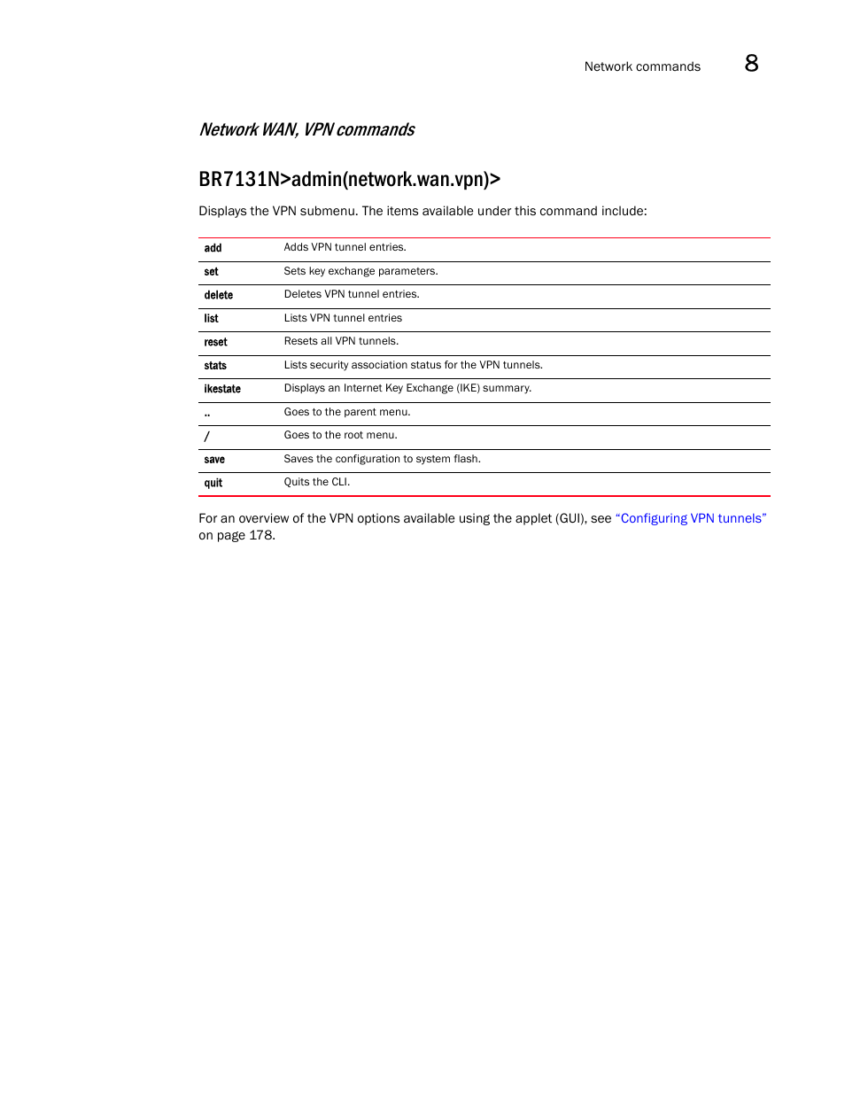 Br7131n>admin(network.wan.vpn), Network wan, vpn commands | Brocade Mobility 7131N-FGR Access Point Product Reference Guide (Supporting software release 4.0.0.0-35GRN and later) User Manual | Page 305 / 593