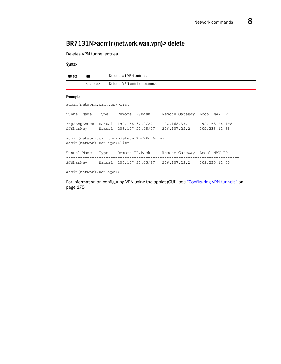Br7131n>admin(network.wan.vpn)> delete | Brocade Mobility 7131N-FGR Access Point Product Reference Guide (Supporting software release 4.0.0.0-35GRN and later) User Manual | Page 309 / 593