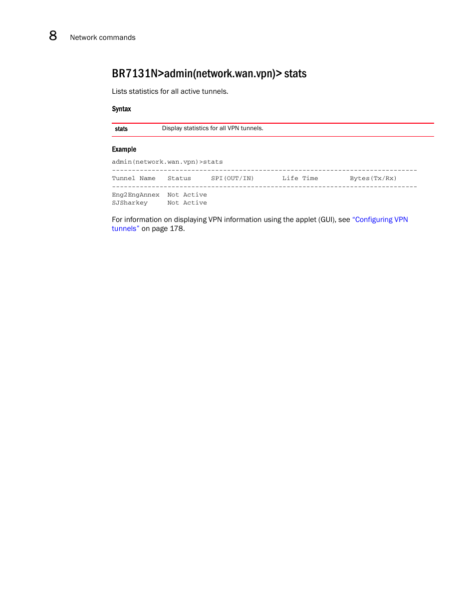 Br7131n>admin(network.wan.vpn)> stats | Brocade Mobility 7131N-FGR Access Point Product Reference Guide (Supporting software release 4.0.0.0-35GRN and later) User Manual | Page 312 / 593