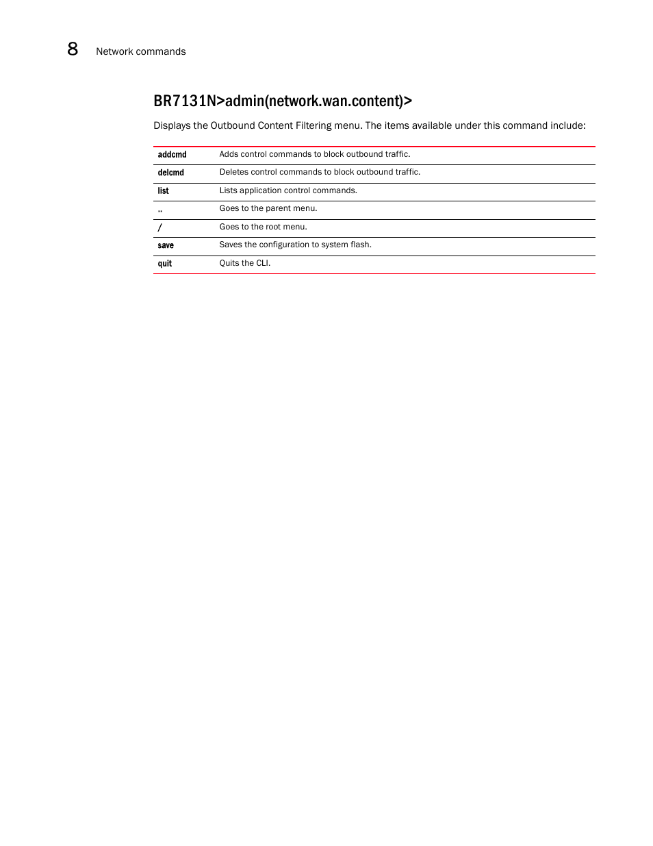 Br7131n>admin(network.wan.content) | Brocade Mobility 7131N-FGR Access Point Product Reference Guide (Supporting software release 4.0.0.0-35GRN and later) User Manual | Page 314 / 593