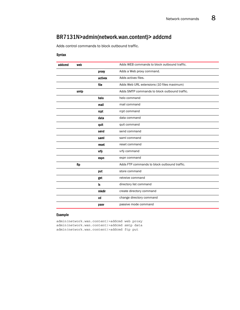 Br7131n>admin(network.wan.content)> addcmd | Brocade Mobility 7131N-FGR Access Point Product Reference Guide (Supporting software release 4.0.0.0-35GRN and later) User Manual | Page 315 / 593
