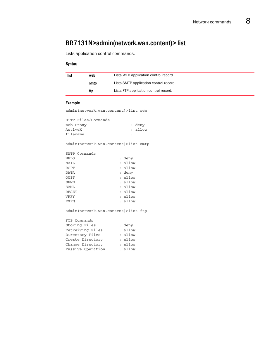 Br7131n>admin(network.wan.content)> list | Brocade Mobility 7131N-FGR Access Point Product Reference Guide (Supporting software release 4.0.0.0-35GRN and later) User Manual | Page 317 / 593