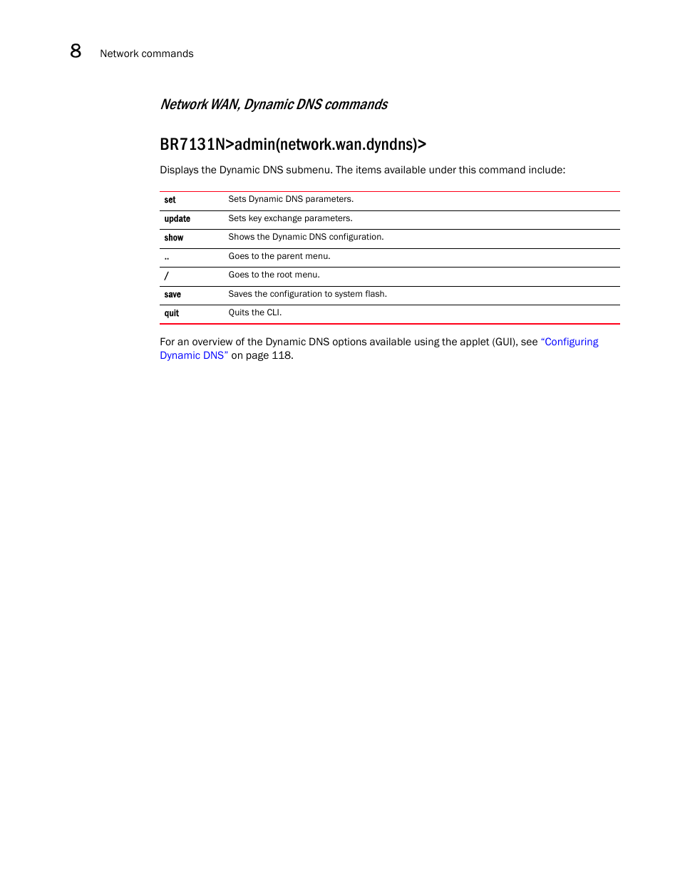 Br7131n>admin(network.wan.dyndns), Network wan, dynamic dns commands | Brocade Mobility 7131N-FGR Access Point Product Reference Guide (Supporting software release 4.0.0.0-35GRN and later) User Manual | Page 318 / 593