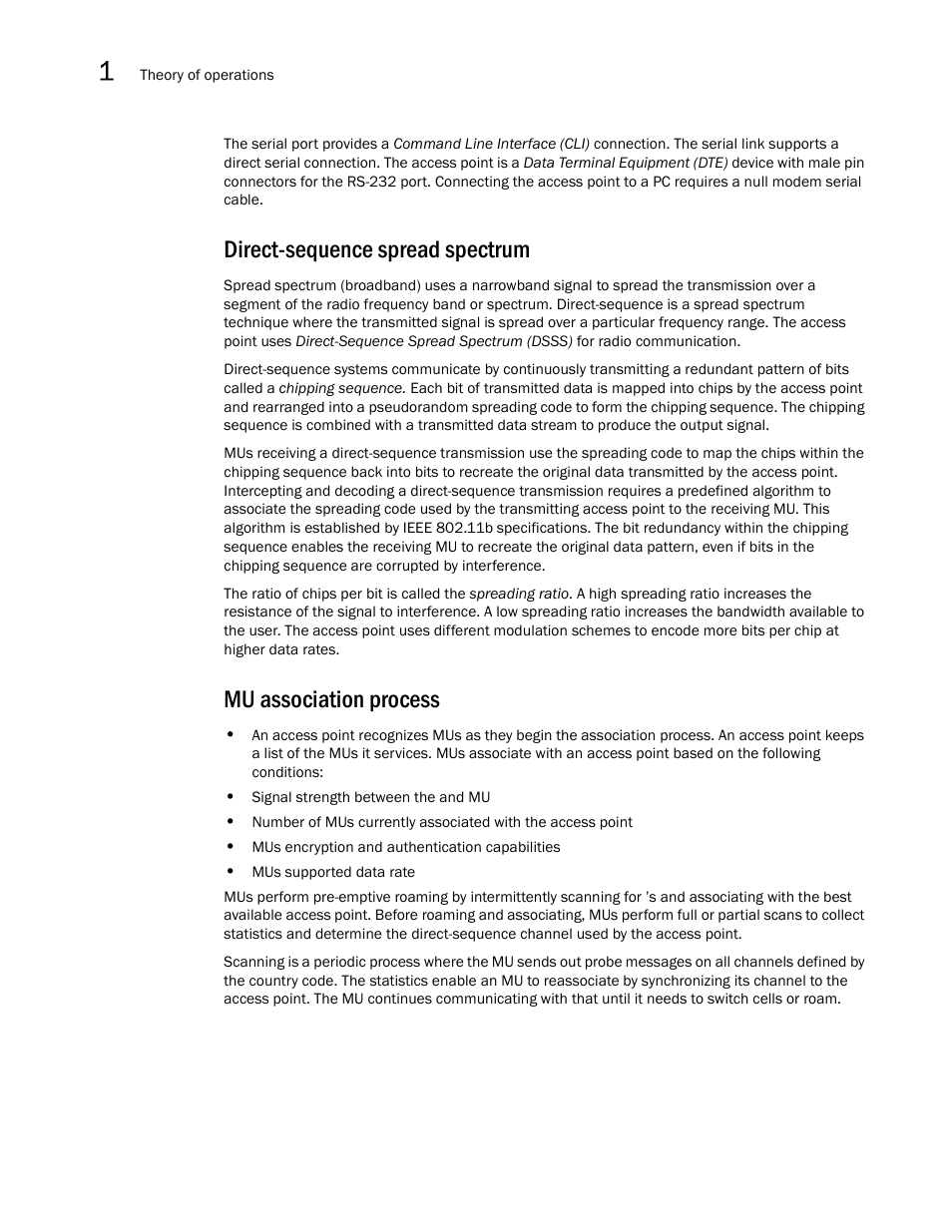 Direct-sequence spread spectrum, Mu association process | Brocade Mobility 7131N-FGR Access Point Product Reference Guide (Supporting software release 4.0.0.0-35GRN and later) User Manual | Page 32 / 593
