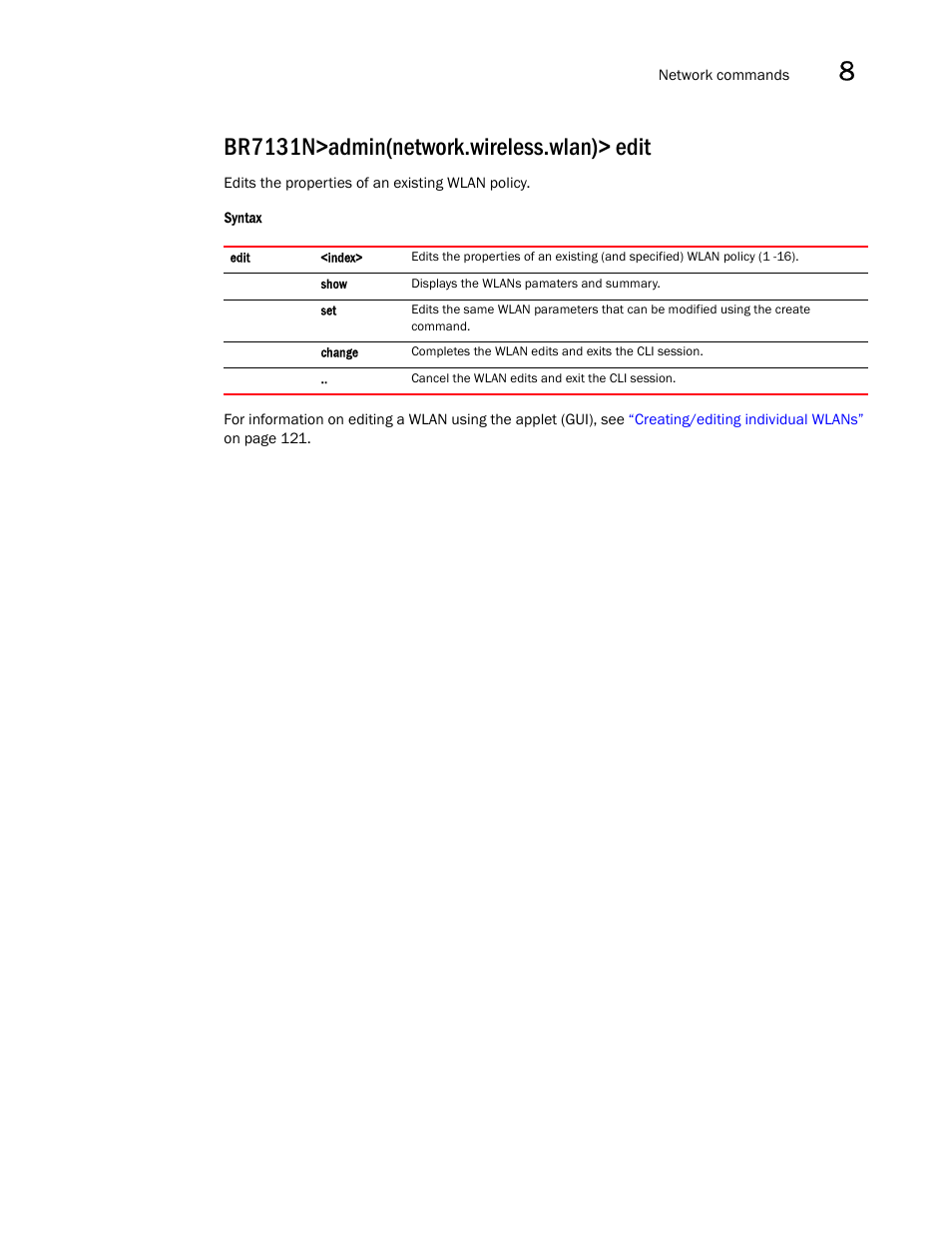 Br7131n>admin(network.wireless.wlan)> edit | Brocade Mobility 7131N-FGR Access Point Product Reference Guide (Supporting software release 4.0.0.0-35GRN and later) User Manual | Page 327 / 593