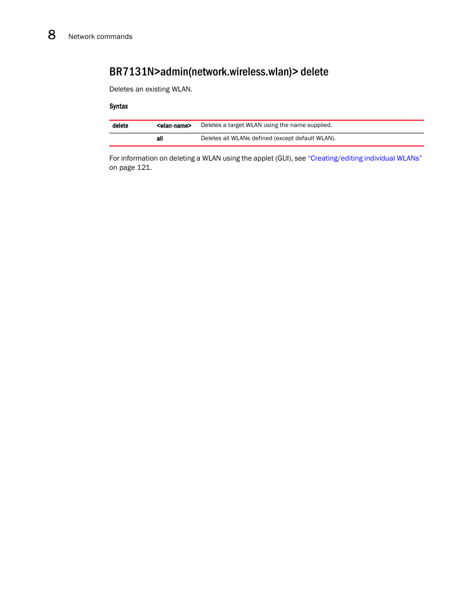 Br7131n>admin(network.wireless.wlan)> delete | Brocade Mobility 7131N-FGR Access Point Product Reference Guide (Supporting software release 4.0.0.0-35GRN and later) User Manual | Page 328 / 593