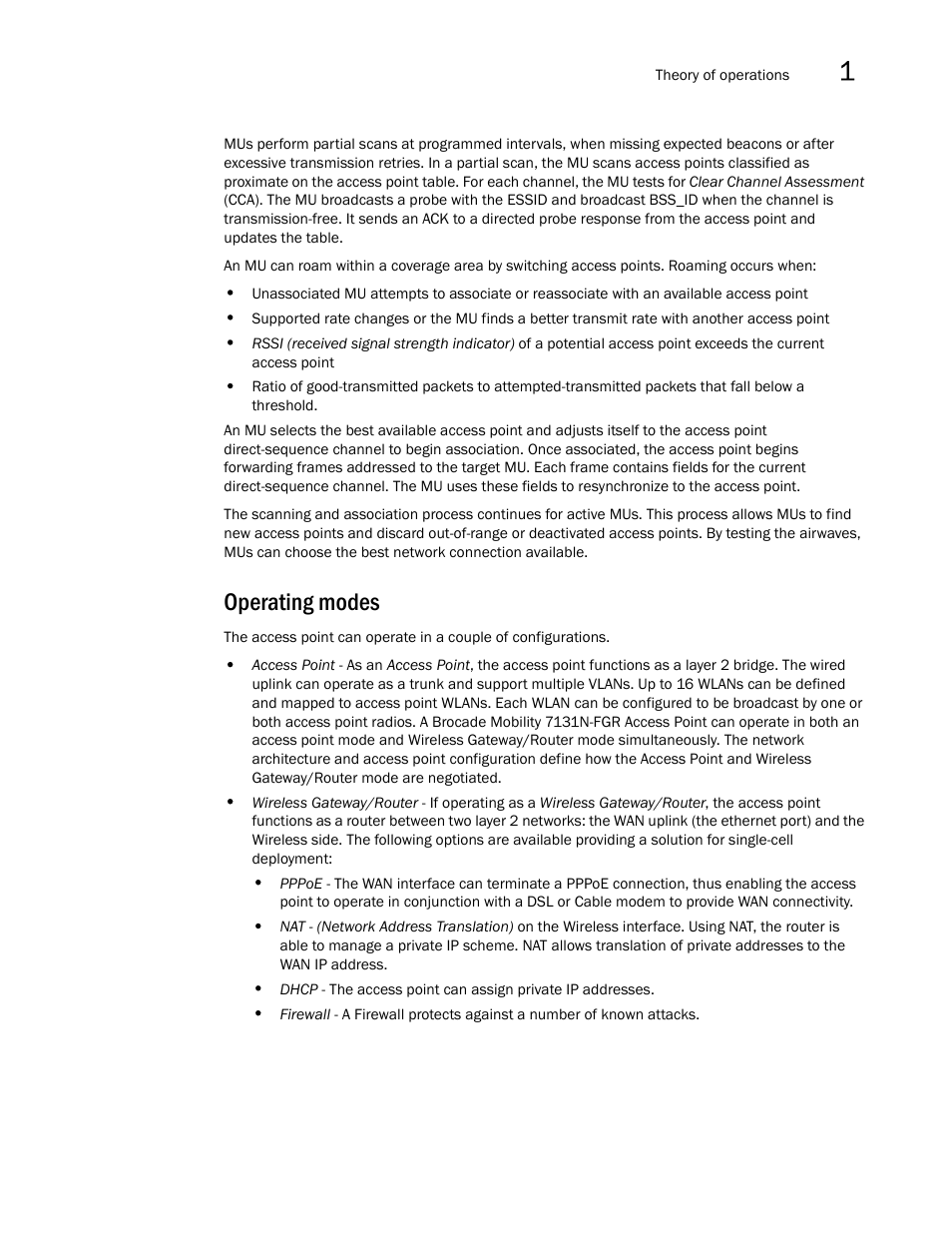Operating modes | Brocade Mobility 7131N-FGR Access Point Product Reference Guide (Supporting software release 4.0.0.0-35GRN and later) User Manual | Page 33 / 593