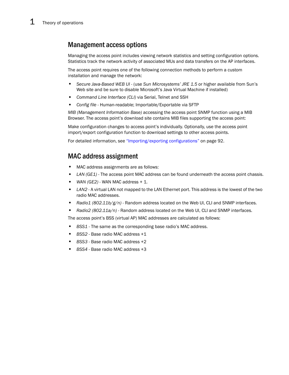 Management access options, Mac address assignment, Management access options mac address assignment | Brocade Mobility 7131N-FGR Access Point Product Reference Guide (Supporting software release 4.0.0.0-35GRN and later) User Manual | Page 34 / 593