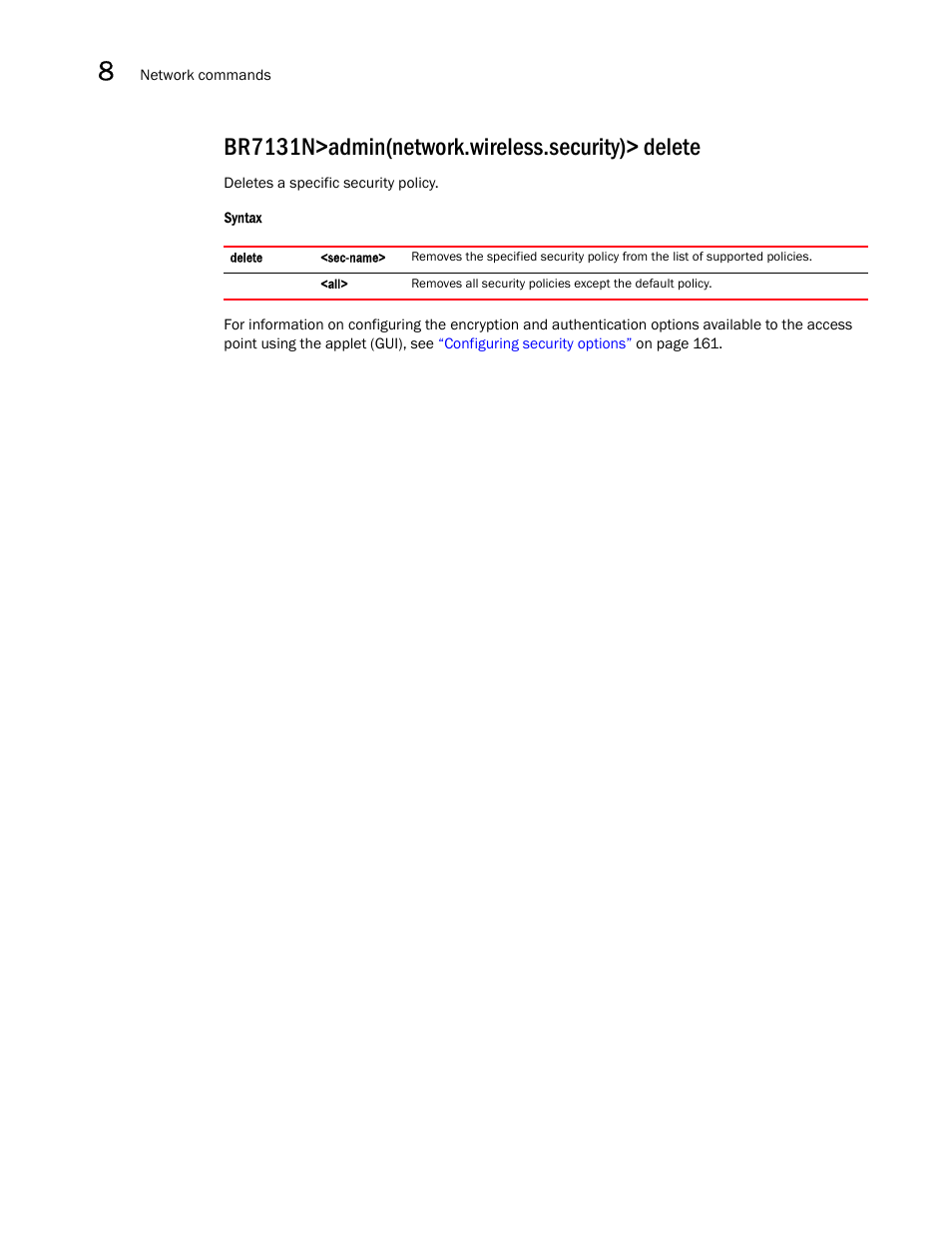 Br7131n>admin(network.wireless.security)> delete | Brocade Mobility 7131N-FGR Access Point Product Reference Guide (Supporting software release 4.0.0.0-35GRN and later) User Manual | Page 342 / 593