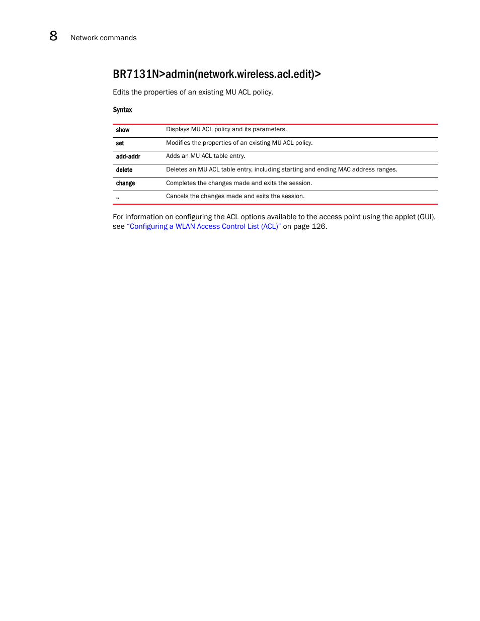 Br7131n>admin(network.wireless.acl.edit) | Brocade Mobility 7131N-FGR Access Point Product Reference Guide (Supporting software release 4.0.0.0-35GRN and later) User Manual | Page 346 / 593
