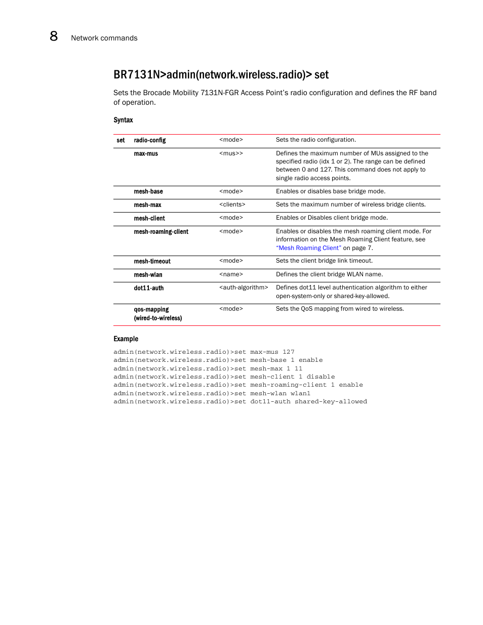 Br7131n>admin(network.wireless.radio)> set | Brocade Mobility 7131N-FGR Access Point Product Reference Guide (Supporting software release 4.0.0.0-35GRN and later) User Manual | Page 350 / 593